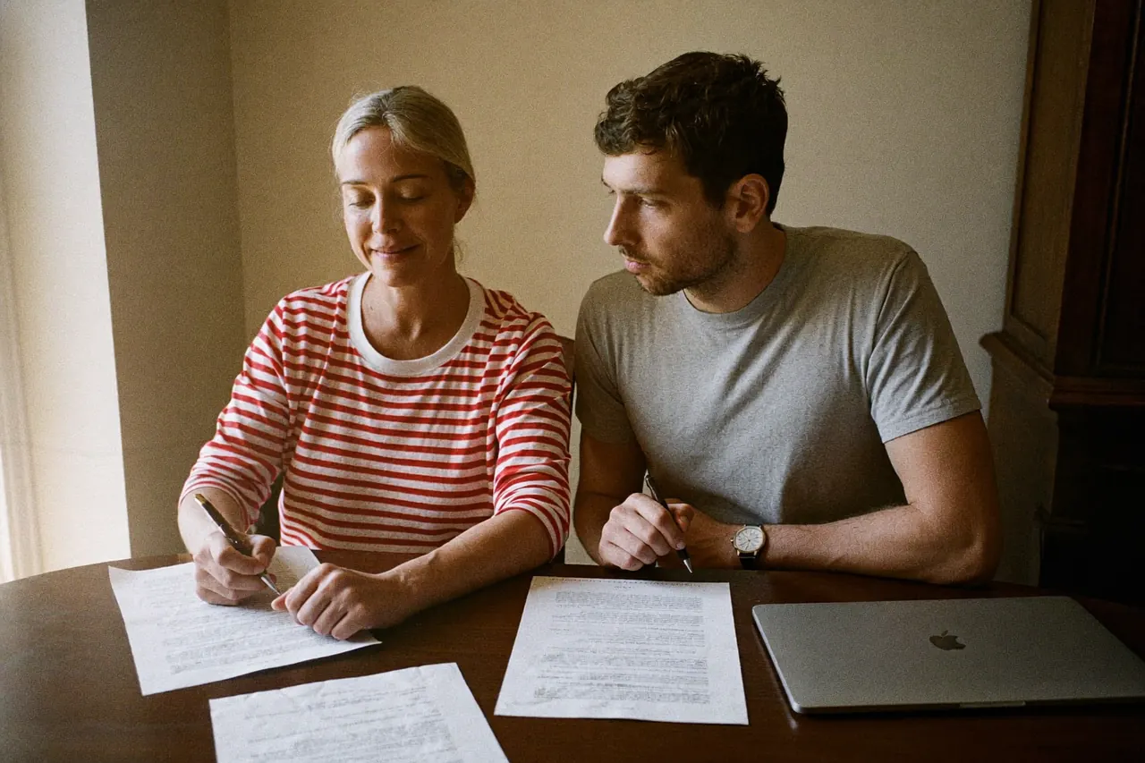 Couple at home reviewing window funding paperwork together at a table