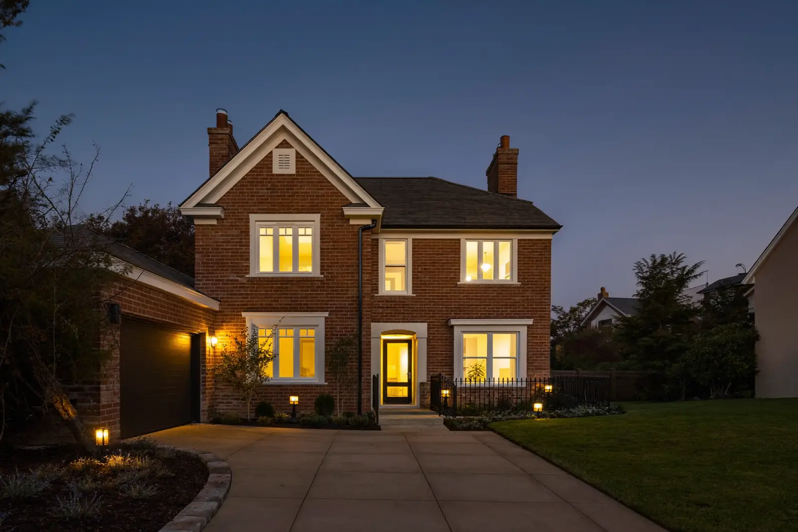 UK detached house at dusk with warm light through new white windows