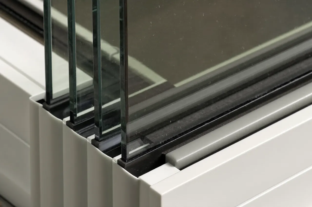 Cross-section detail of an energy-efficient double-glazed window unit