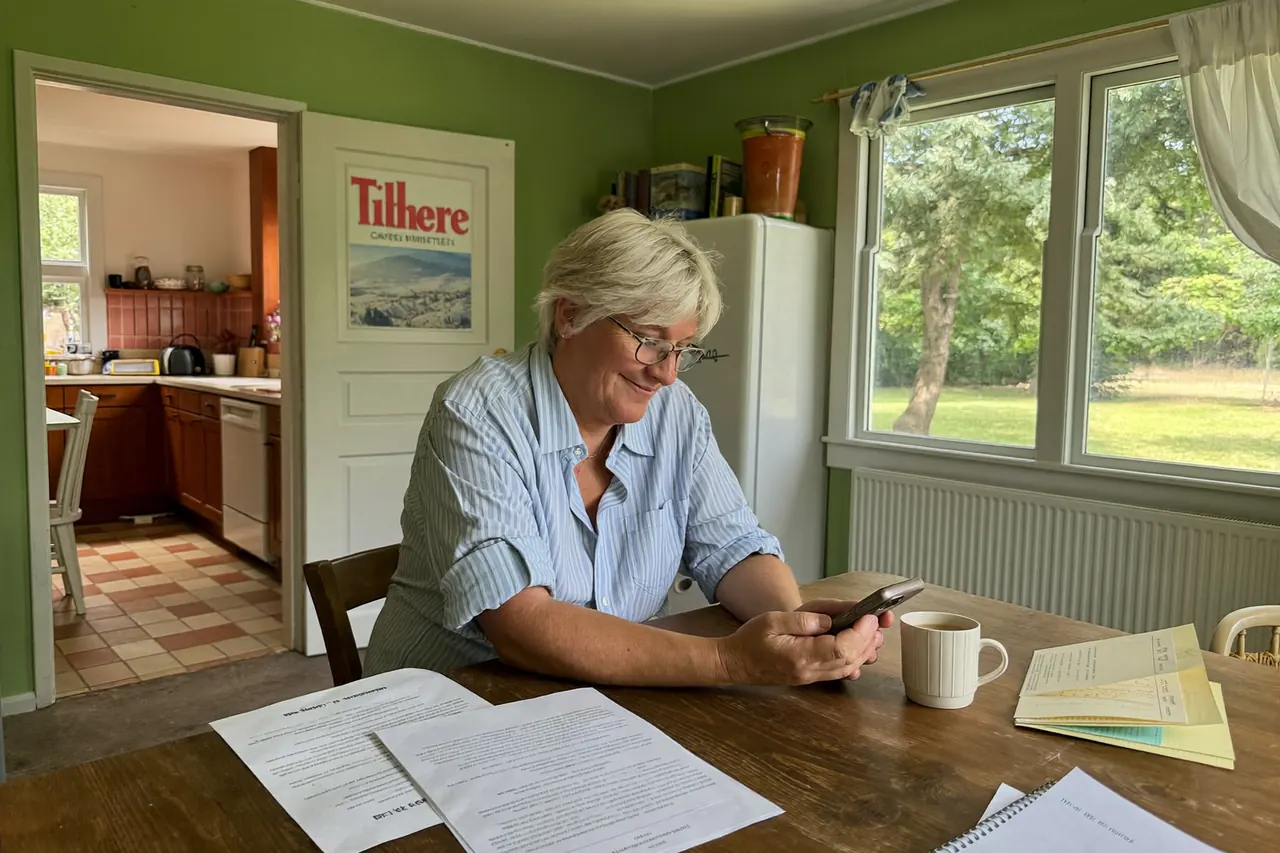 Homeowner checking window funding eligibility on a phone at the kitchen table