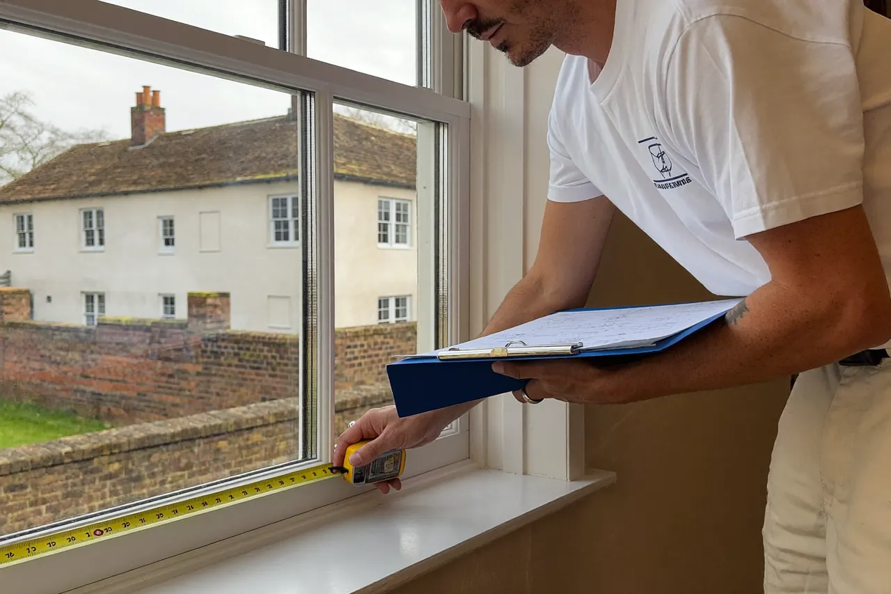 Installer measuring a window frame during a free home survey