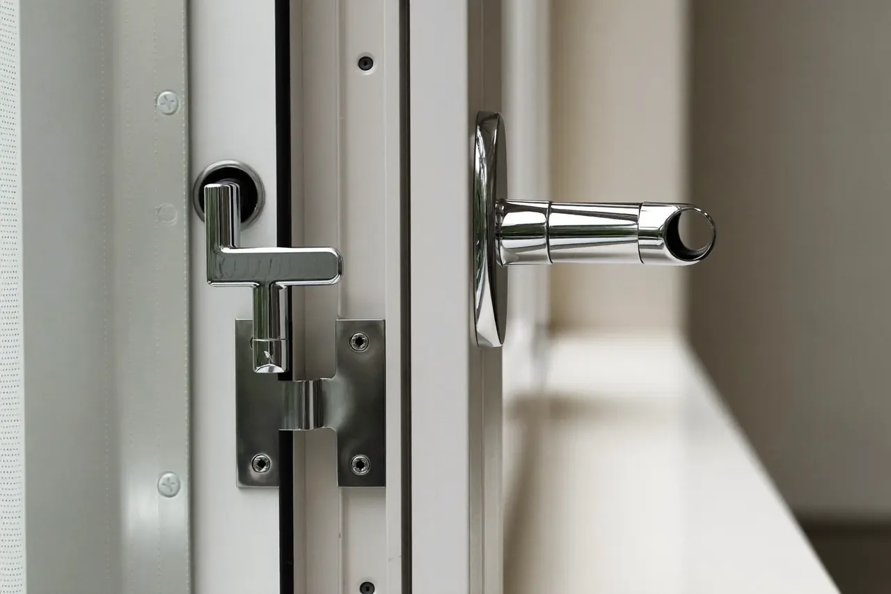 Detail of a modern window handle and multipoint lock on a new frame